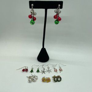 Lot of (8) Various Festive Christmas Earrings Snowflake Present Snowman Bells